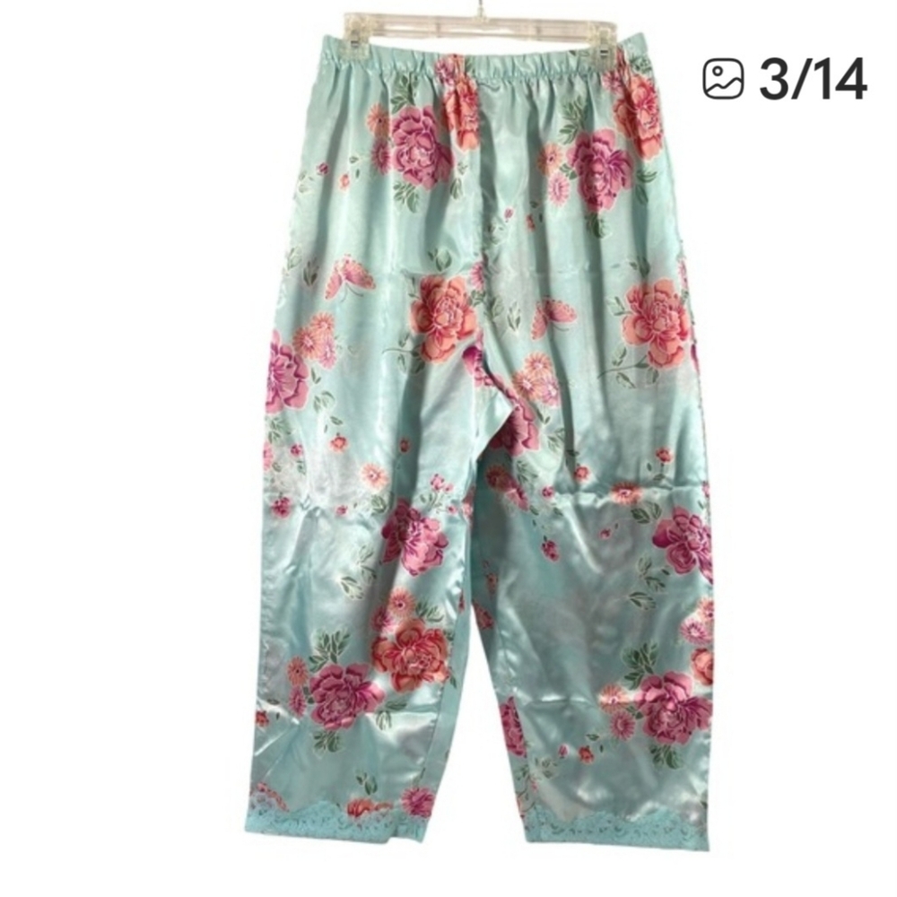 Premier Intimates Pajama Set Women XL 18W Floral Satin Blue Pink Cami Top Capris - Picture 3 of 9